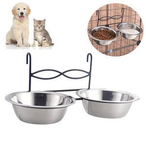 Pet Feeding Bowl Hanging Cats Dogs Food Water Bowls Stainless Steel Puppy Kitten Feeder Can Be Fixed Pets Crate Cage Double Bowl