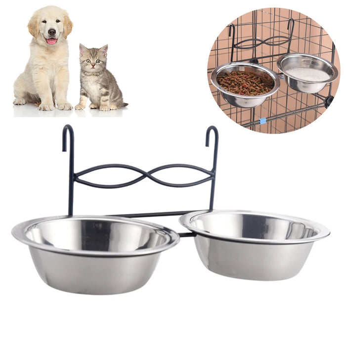 Pet Feeding Bowl Hanging Cats Dogs Food Water Bowls Stainless Steel Puppy Kitten Feeder Can Be Fixed Pets Crate Cage Double Bowl