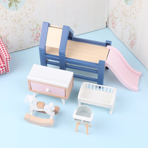 1/6 1/12 Scale Dollhouse Baby Bedroom Furniture Accessories Slide/Trojan Horse/Table/ Dining Chair/Bed For Kids Pretend Play Toy