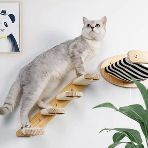 Cat Climbing Wall Mounted Hammock Scratching Post for Cat Wooden Furniture Ladder Steps Cats Sleeping and Playing