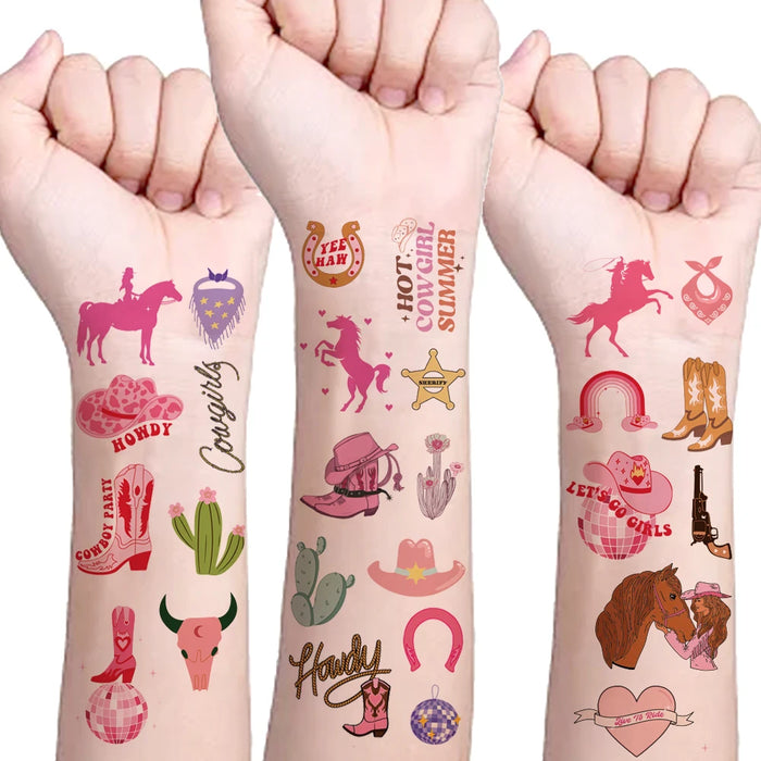 10 Sheets Western Cowgirl Temporary Tattoos Kids Waterproof Fake Tattoos Sticker Girls cowgirl Pink Horse Tattoos For Party