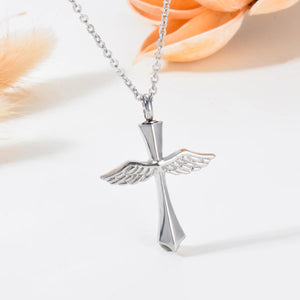 Funeral Angel Wings Cross Memorial Necklace Stainless Steel Urn Pendant Necklace For Ashes Cremation Keepsake Jewelry