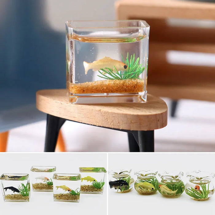 Miniature Glass Fish Tank Bowl Aquarium Model Mini Round Square Fish Tank Home Office Desktop Ornament Dollhouse Accessories