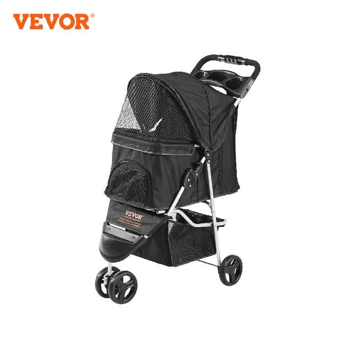 VEVOR 35lbs 3 Wheels Dog Stroller Rotate Black Pet Puppy Stroller with Front Pedal Storage Basket Cup Holder for Dogs Cat Travel