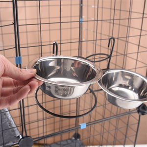 Pet Feeding Bowl Hanging Cats Dogs Food Water Bowls Stainless Steel Puppy Kitten Feeder Can Be Fixed Pets Crate Cage Double Bowl