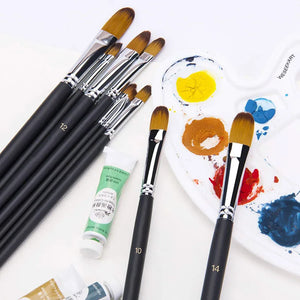 9Pcs Filbert Art Paintbrush Set Anti-Shedding Synthetic Nylon with Long Handle Paint Brush for Watercolor Acrylics Oil Gouache