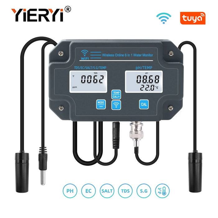 Yieryi Smart WIFI Aquarium Seawater Salinity Water Quality Meter PH EC TDS Salt TEMP Data Logger Tester Monitor for Fish Tanks