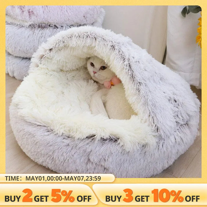 Soft Plush Pet Bed with Cover Round Cat Bed Pet Mattress Warm Cat Dog 2 in 1 Sleeping Nest Cave for Small Dogs