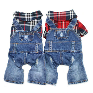 Spring Pet Dog Jumpsuit Denim Overalls for Dogs Plaid Jeans Jacket Pants Suit Onesies Small Dog Clothes Yorkie Chihuahua Apparel