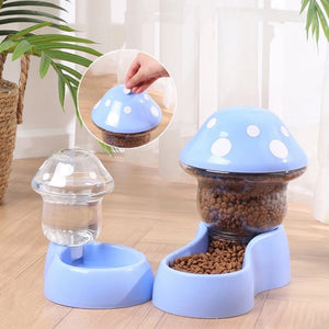 2pcs Cat Food Bowl Set Automatic Feeders and Water Dispenser Cute Mushroom Shape Feeding Bowl Water Bottle for Cats Small Dogs