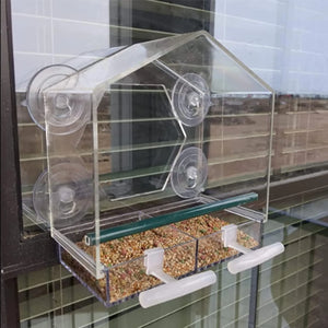 Acrylic Clear Glass Window Birds Hanging Feeder Birdhouse Food Feeding House Table Seed Peanut Suction Cup