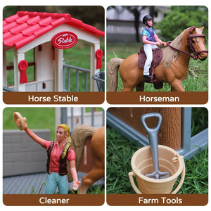 Oenux Farm Wash Horses Stable Club Animals Playset Cafe House Model Horseman Saddle Rider Fence Action Figures Xmas Gift Kid Toy