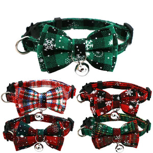 Christmas Bowknot Cat Small Dog Collar with Bell Plaid Snowflake Adjustable Breakaway Pet Puppy Kitten Buckle Necklace