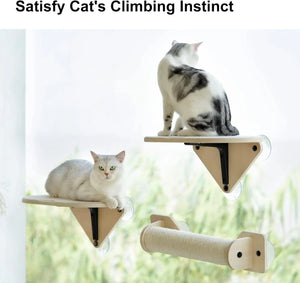 Mewoofun Cat Window Perch Hammock with Climbing Steps and Scratching Post Wooden Window Mounted Cat Bed for Indoor Cats