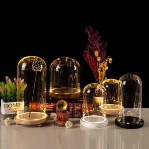 Glass Flower Display Cloche Bell Jar Terrarium Bottle  with Wooden Everlasting Flower Glass Cover with Feet LED Light Vases