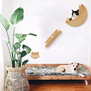 Cat Shelf Wall Hammock Climbing Shelves Moon Shaped And Perches Ladder Solid Wood Steps For Activity Indoor Cats Wall Furniture