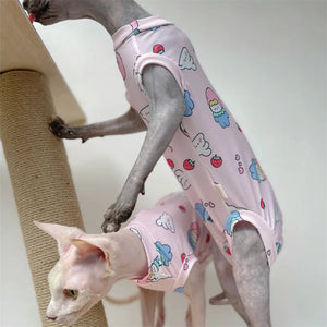 Cooling Fabric pajamas for Sphynx Cat Summer Cute 4-legged Vest for Female Kittens Soft Pink T-Shirt for Devon Rex Cat Supplies