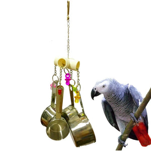 1pcs Pet Bird Parrot Toy 4 Stainless Steel Pots String Bird Chewing Bite Toys Acrylic Cage Accessories Pets Birds Supplies