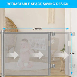 Retractable Baby Gates,150x86cm Dog Gate Extra Wide Doorways Mesh Children Safety Mesh Gate, Pet Dog Gate for Stairs