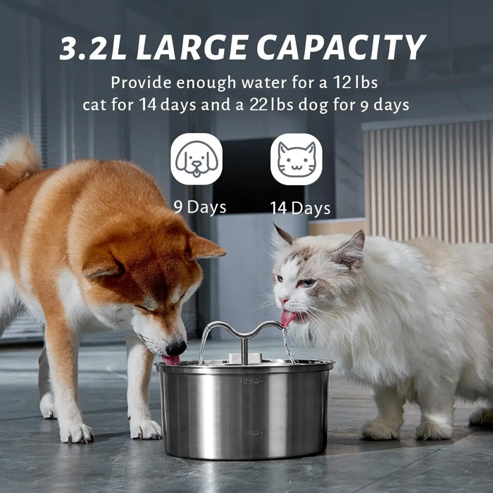 3.2L/108oz Pet Fountain Water Bowl Dog Drinking Cat Water Fountain Stainless Steel Dispenser Cat double head Watering Supplies