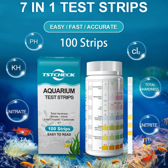 7-IN-1 100strip Aquarium Test Strips Fish Tank Test Kit for Freshwater Saltwater Water Test Kit to Detect PH NO2 NO3 KH GH CL TA