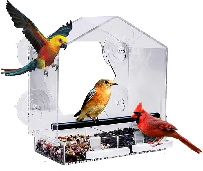 Acrylic Clear Glass Window Birds Hanging Feeder Birdhouse Food Feeding House Table Seed Peanut Suction Cup