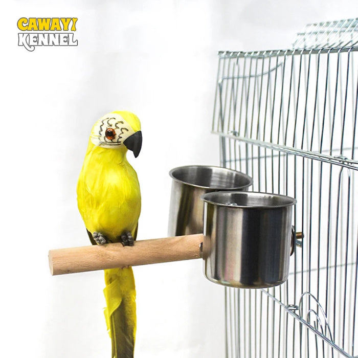 Bird Feeding Double Cups Stainless Steel Parrot Cage Stand Bird Feeder Box Parrot Cups Bowls Container for Food Water Feeding