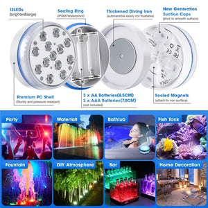 Updated Submersible 13LED Underwater Light with Remote Control Underwater Pool Light IP68 Bright Lamp RGB for Pond/Pool/Aquarium