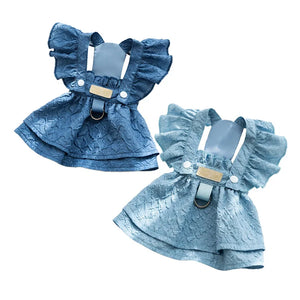 Denim Dog Dresses for Small Dogs Puppy Girl Clothes with Leash Ring Flying Sleeves Summer Cat Apparel Blue Chihuahua Outfits