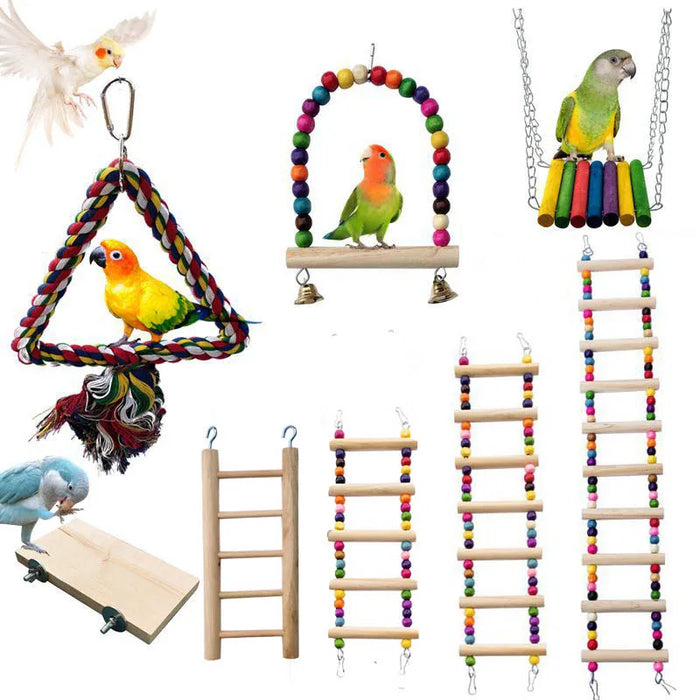 Wooden Bird Toys Small Parrot Chewing Training Toys Cotton Rope Swing Hanging Ring Bell Bird Cage Climbing Ladders Pet Supplies