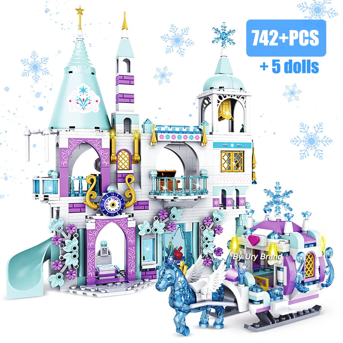 Friends Princess Luxury Ice Castles Playground House Movies Winter Snow Horse Figures Building Blocks Set Toy for Girls DIY Gift