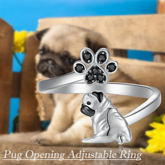 Creative Cute Black Dog Paw Pug Open Ring for Women Exquisite Pet Puppy Memorial Jewelry Accessories Dog Lovers Holiday Gift