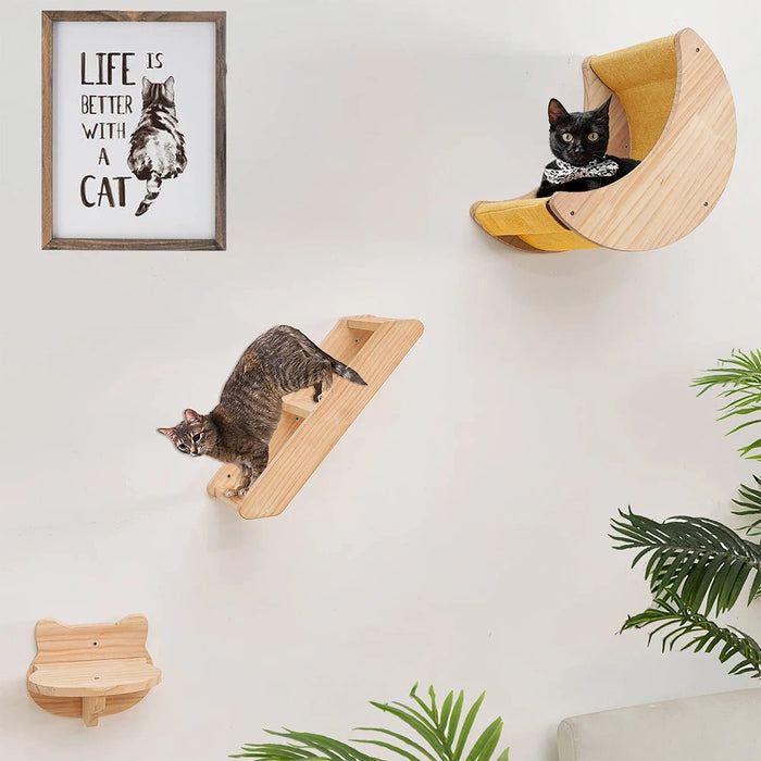 Cat Shelf Wall Hammock Climbing Shelves Moon Shaped And Perches Ladder Solid Wood Steps For Activity Indoor Cats Wall Furniture