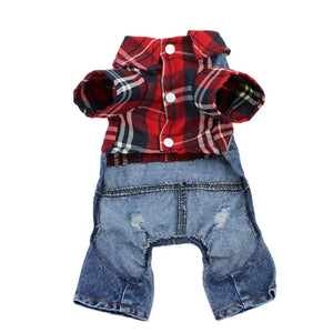 Dog Cat Denim Plaid Jumpsuit Hoodie Pet Puppy Jean Jacket Spring/Autumn Clothes Apparel 4 Colours