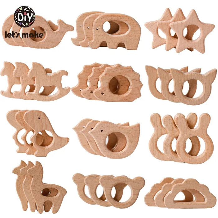 Let's Make 5pcs Wholesale Wooden Teether Rodent Pacifier Pendant Wooden Toys DIY Baby Necklace Gift BPA Free Beech Hedgehog Bird