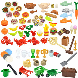 MOC City Mini Building Block Food Accessories Fish Apple Hot Dog Cake Pizza Fries Chicken Figures Brick Box Plate Compatible Toy