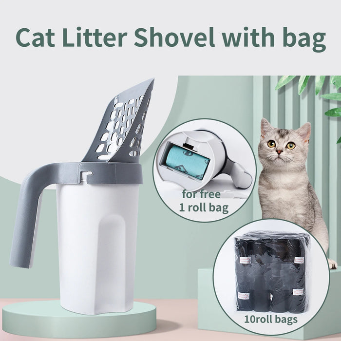 Cat Litter Shovel with Waste Bags Self Cleaning Cats Litter Scooper Portable Cat Litter Box Cleaning Tool Pet Cat Supplies