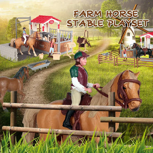 Oenux Farm Wash Horses Stable Club Animals Playset Cafe House Model Horseman Saddle Rider Fence Action Figures Xmas Gift Kid Toy