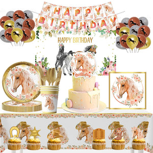 Pink Floral Horse Birthday Party Decorations Tableware Cup Plate Set Backdrop Racing Horse Western Cowgirl Party Supplies