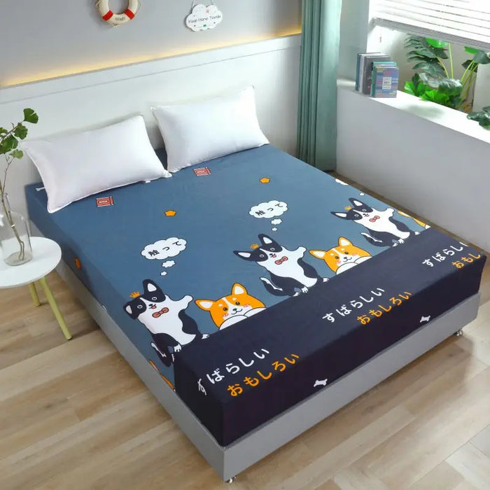 Kuup-Polyester Cartoon dog Bedding Fitted Sheet Only(no pillowcase) Elastic Band Around Mattress Cover King Size Bed Cover