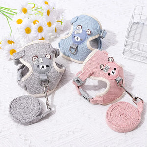 Small Cat Dog Harness Leash Set Breathable Vest Escape Proof Chest Strap Kitten Puppy Cartoon Bear Walking Pet Traction Lead