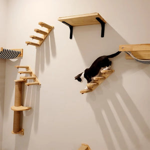 Wall Mounted Cat Shelves Scratching Post Wooden Cat Tree Perches for Wall Cat Steps Ladder Hammock Cat Climbing Wall Furniture