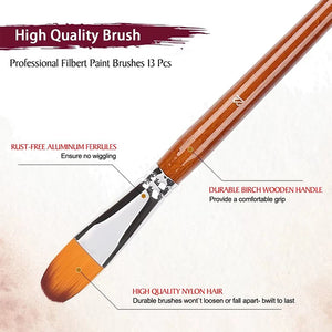 Artist Filbert Paint Brushes Set 13pcs Soft Anti-Shedding Nylon Hair Wood Long Handle for Acrylic Oil Watercolor Gouache