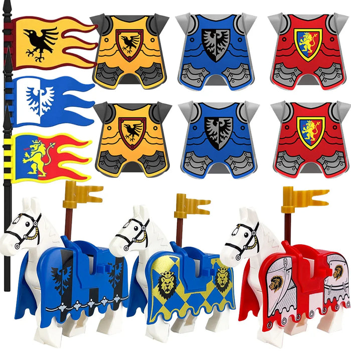 MOC Medieval Red Lion Black Eagle Castle Soldier Knight Horse Mount Building Block Military Figure Vest Armor Flag Toy Gift B036