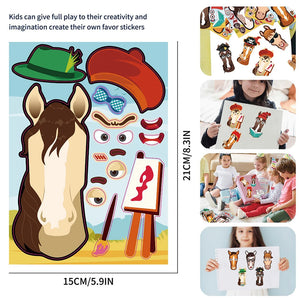 6/12Sheets Make a Face Elf Horse Puzzle Sticker Game DIY Funny Animal Assemble Jigsaw Children Educational Toys Gifts For Kids