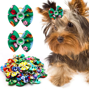 20pcs Summer Dog Hair Bows Dog Bows with Diamond Colorful Grooming Rubber Band for Small Dog Pet Girls Grooming Hair Accessories