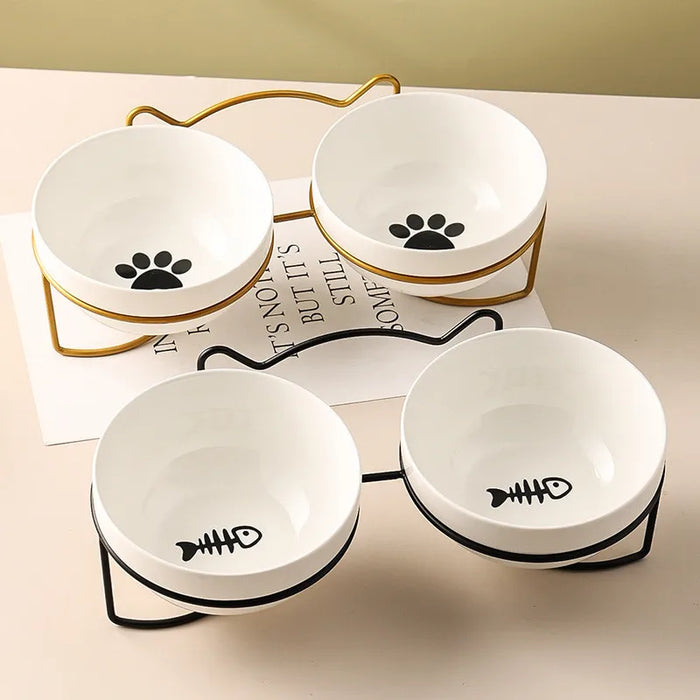 Poursweet Pet Cat Bowl Ceramic 500ML Water Feeder Food Feeding Dish Dispenser With Raised Stand Kitten Puppy Metal Elevated Bowl