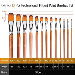 Artist Filbert Paint Brushes Set 13pcs Soft Anti-Shedding Nylon Hair Wood Long Handle for Acrylic Oil Watercolor Gouache