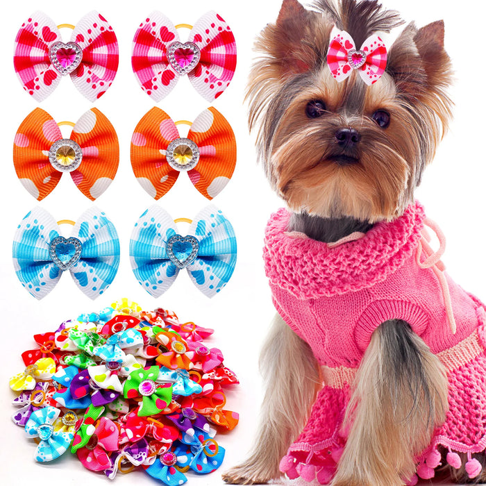 20pcs Summer Dog Hair Bows Dog Bows with Diamond Colorful Grooming Rubber Band for Small Dog Pet Girls Grooming Hair Accessories