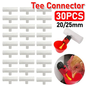 30-6pcs Automatic Chicken Drinker Bowl Bird Water Cups PVC Tee Fittings 20/25mm Plastic Livestock Drinking Feeder Tee Connector
